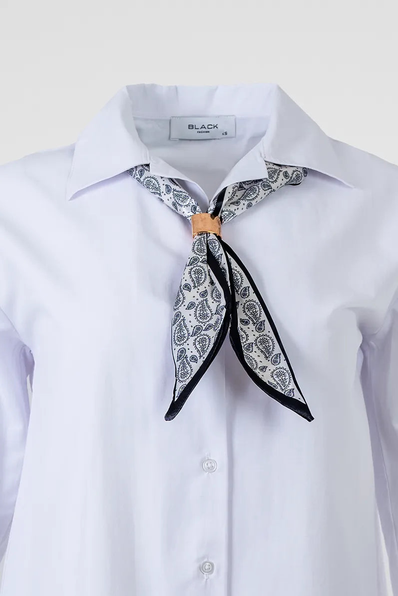 Дамска бяла памучна риза с шалче – White Scarf Shirt-ризи-6Sense