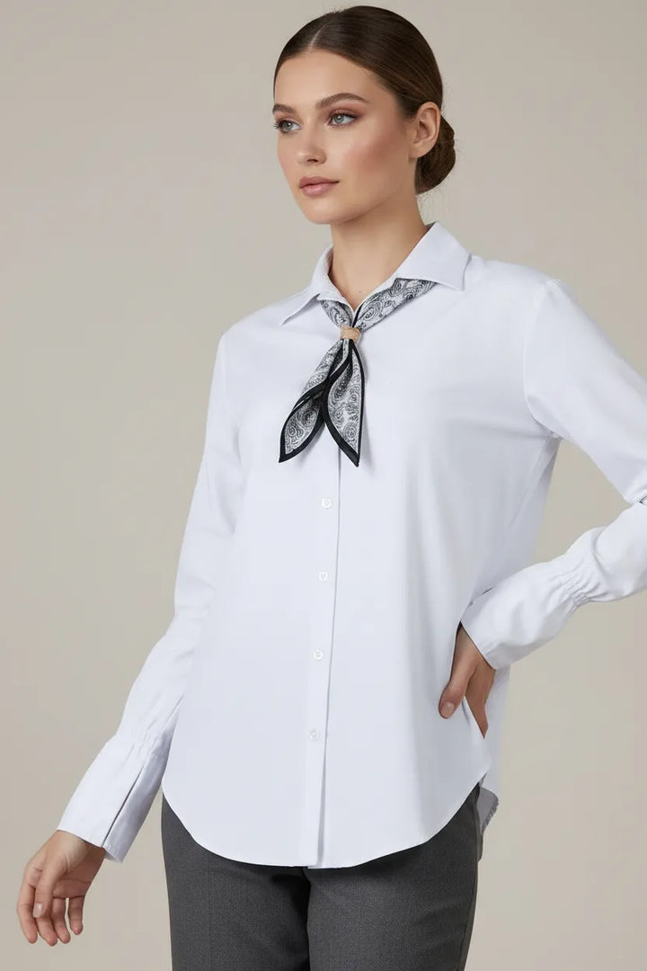 Дамска бяла памучна риза с шалче – White Scarf Shirt-ризи-6Sense