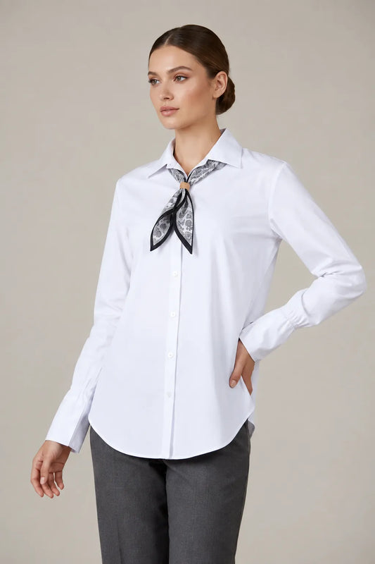 Дамска бяла памучна риза с шалче – White Scarf Shirt-ризи-6Sense