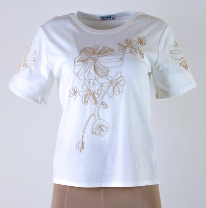 Бяла памучна блуза с бежова флорална бродерия – елегантен акцент за твоя стил