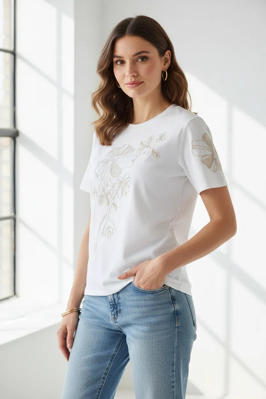 Дамска бяла памучна тениска с бродерия - Seaside Floral-Тениски-6Sense