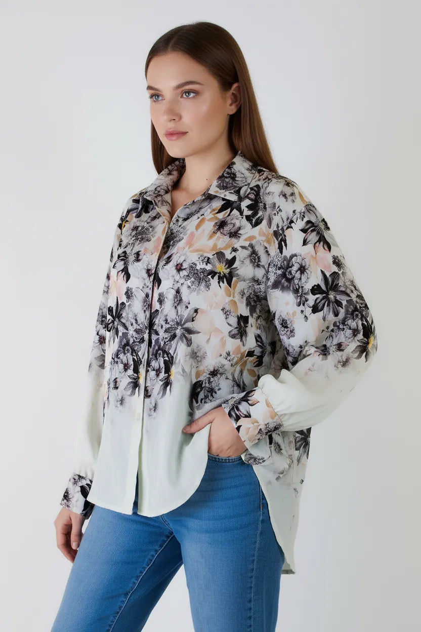 Дамска бяла риза с флорален принт - Flora Highlight-ризи-6Sense