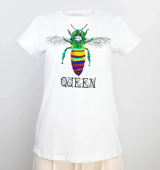 Дамска бяла тениска – апликация пчела - Queen Bee-Тениски-6Sense