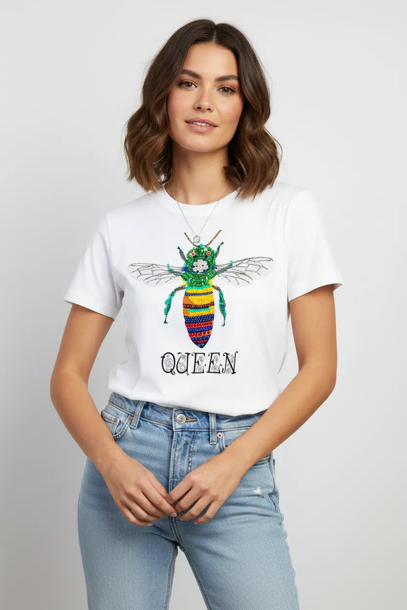 Дамска бяла тениска – апликация пчела - Queen Bee