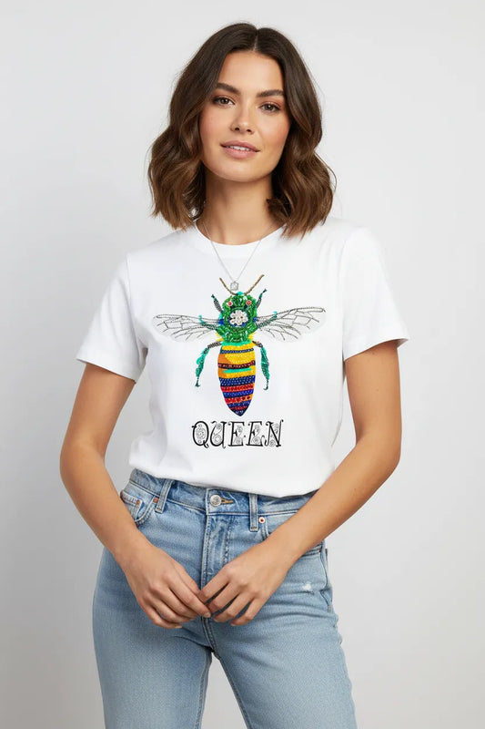 Дамска бяла тениска – апликация пчела - Queen Bee