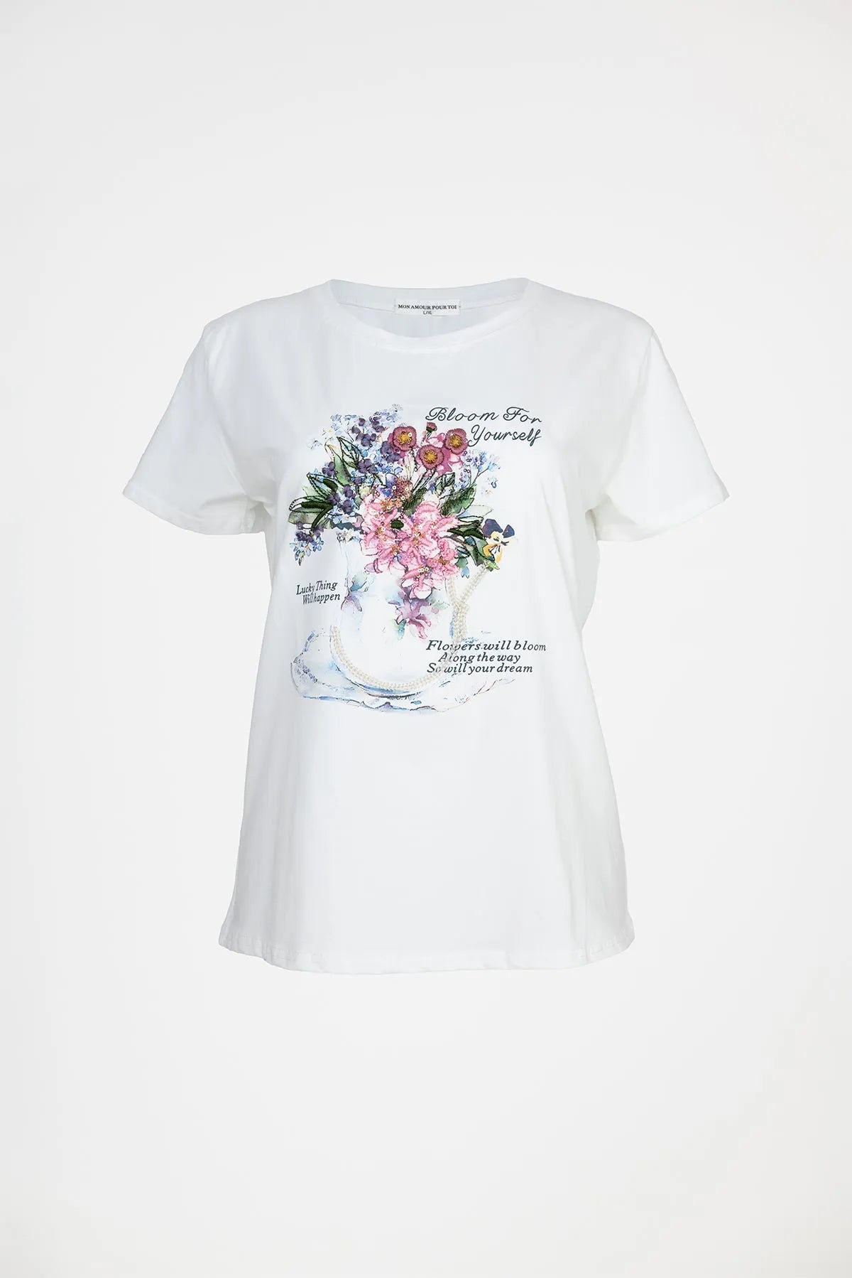 Дамска бяла тениска с флорален принт и надпис – Bloom For Yourself-Тениски-6Sense