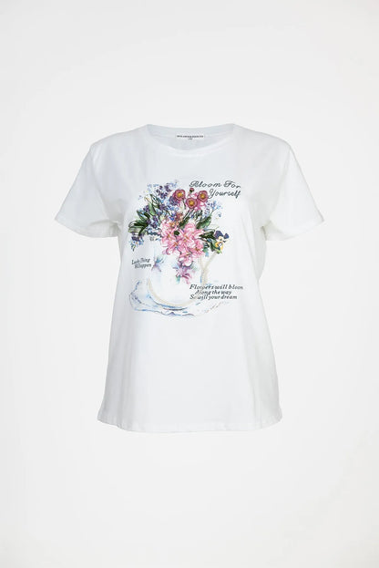Дамска бяла тениска с флорален принт и надпис – Bloom For Yourself-Тениски-6Sense