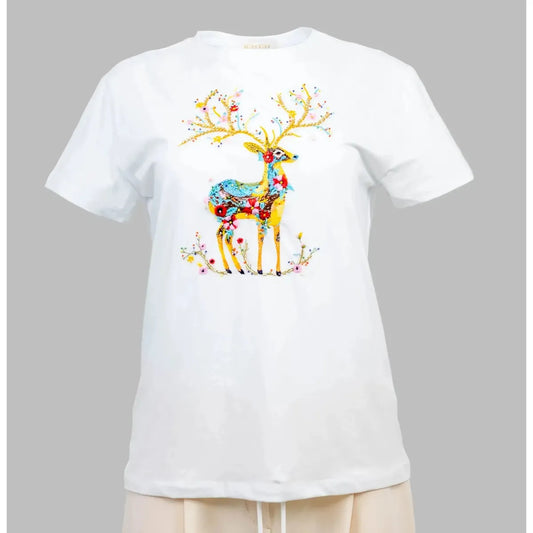 White cotton-blend t-shirt with vibrant embroidered deer and floral design.