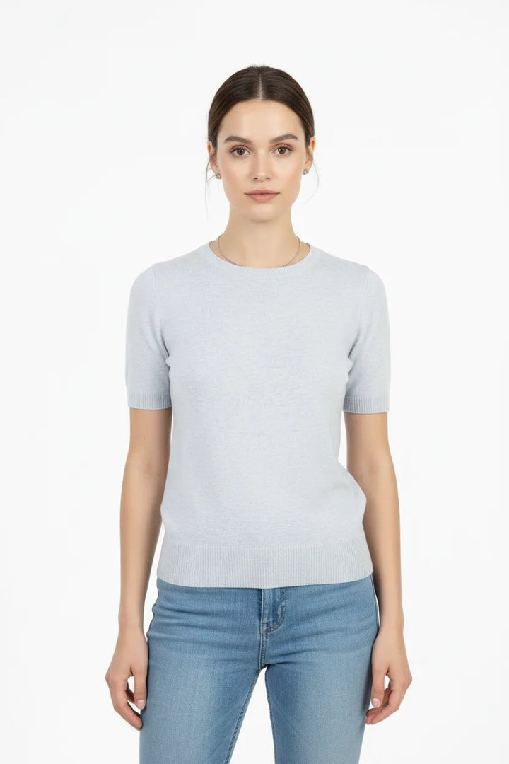 Дамска блуза фино плетиво с къс ръкав – Soft Grey Knit-блуза с къс ръкав-6Sense