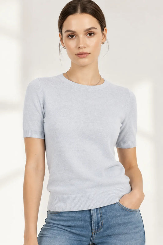Дамска блуза фино плетиво с къс ръкав – Soft Grey Knit-блуза с къс ръкав-6Sense