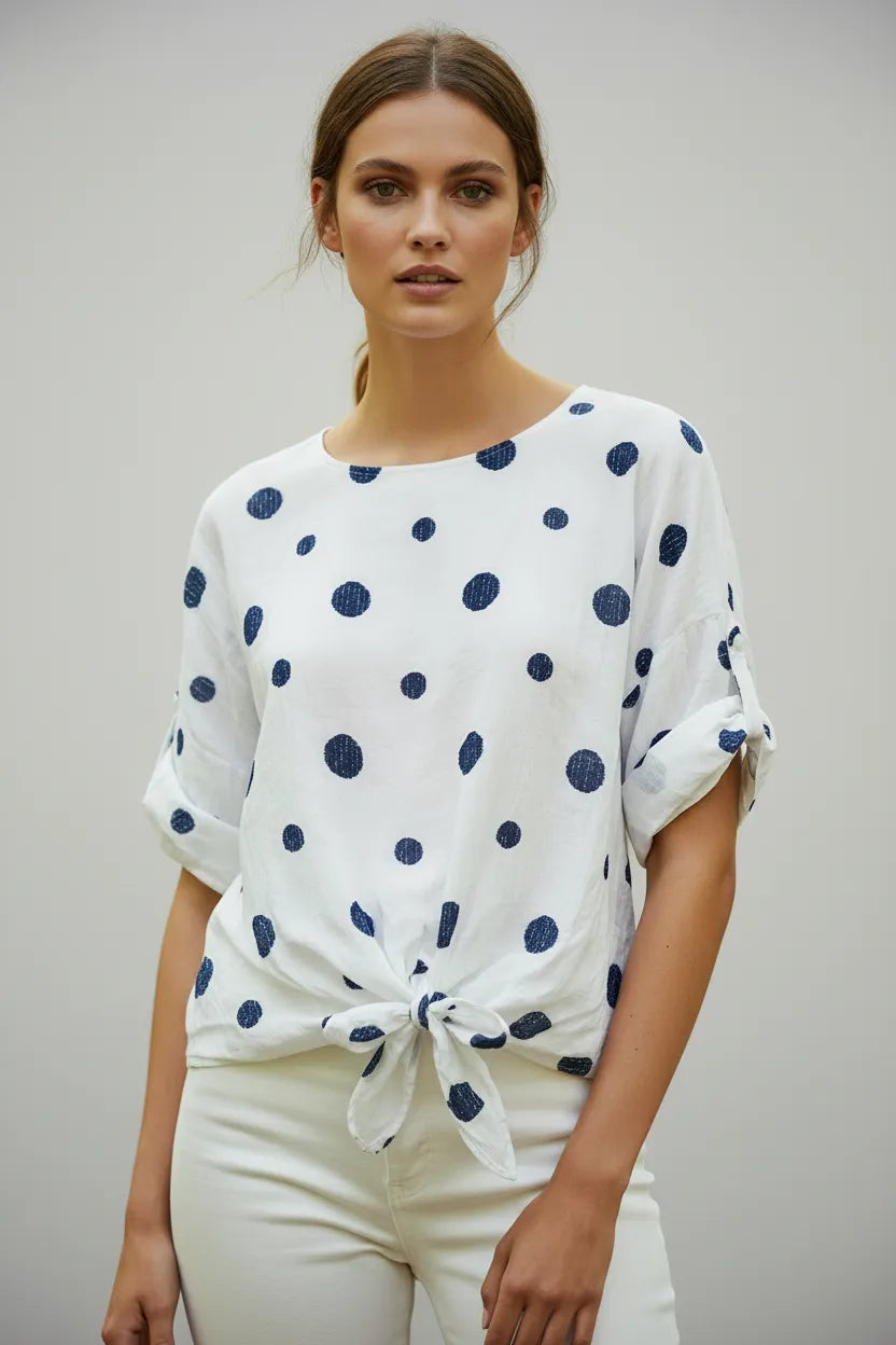 Дамска блуза на точки от тенсел с връзка - Summer Dot-блуза с къс ръкав-6Sense
