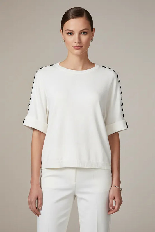 Дамска блуза с къс ръкав - фино плетиво – Monochrome Line-блузи-6Sense