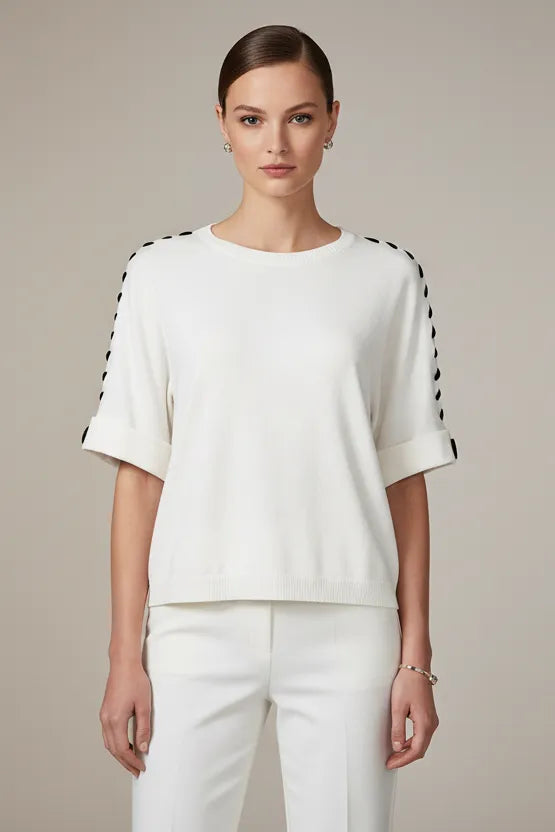 Дамска блуза с къс ръкав - фино плетиво – Monochrome Line-блузи-6Sense