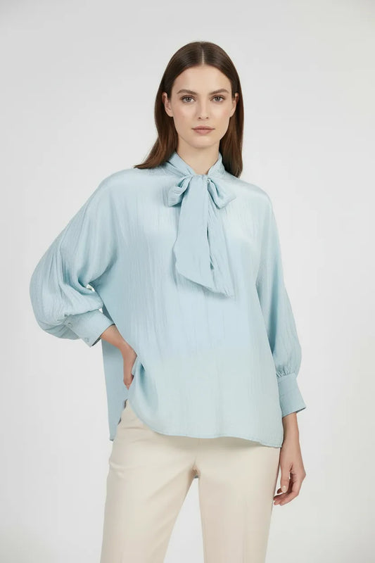 Дамска блуза с панделка на яката и прилеп ръкави – Sky Bow-блузи-6Sense
