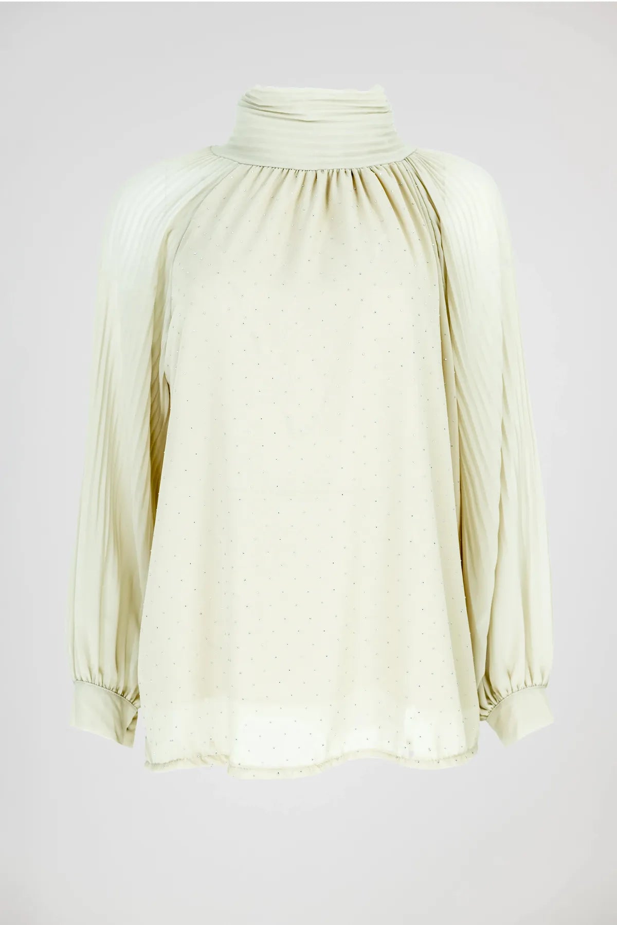 Дамска блуза с висока яка и плисирани ръкави - Ivory Whisper