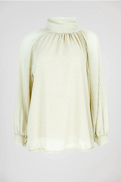 Дамска блуза с висока яка и плисирани ръкави - Ivory Whisper