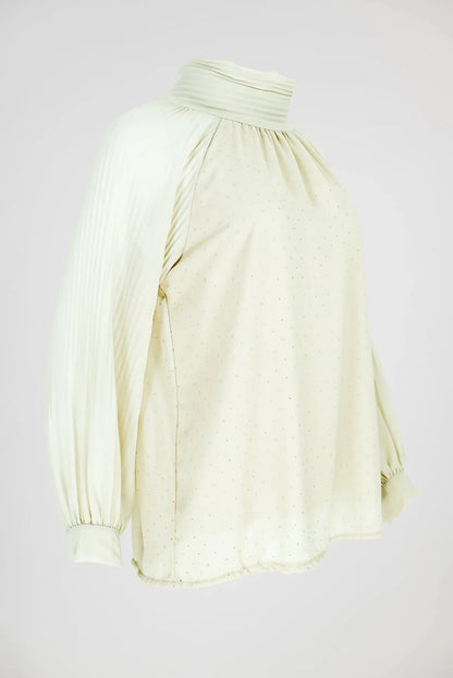 Дамска блуза с висока яка и плисирани ръкави - Ivory Whisper