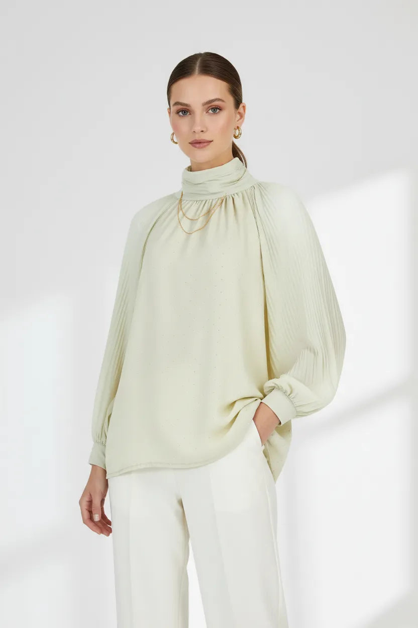 Дамска блуза с висока яка и плисирани ръкави - Ivory Whisper-блузи-6Sense