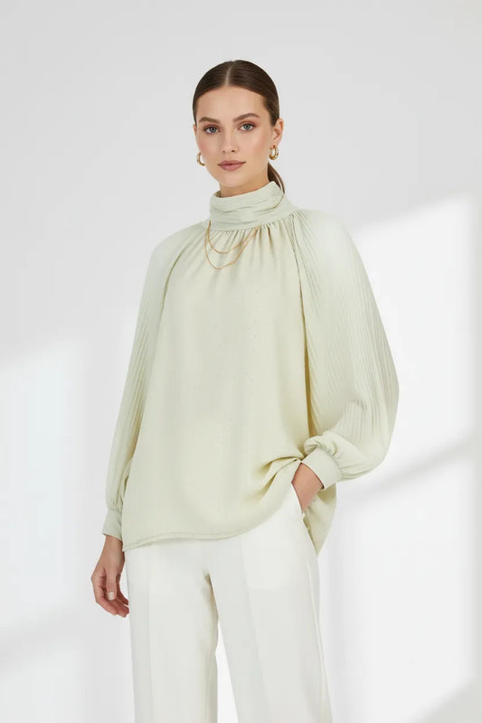 Дамска блуза с висока яка и плисирани ръкави - Ivory Whisper-блузи-6Sense