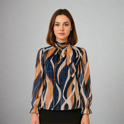Дамска блуза в синьо и бежаво с абстрактен принт | колекция есен-зима 6Sense