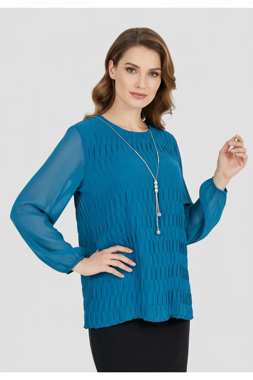 Дамска блуза в тюркоаз с релефна текстура - Lovely chic-блузи-6Sense