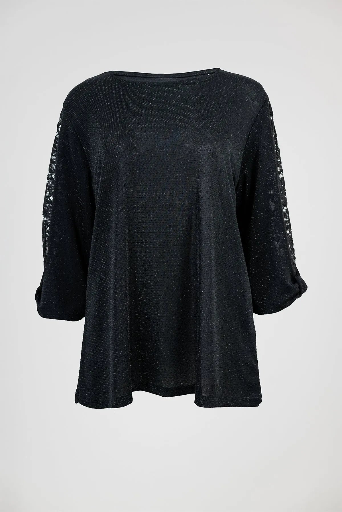 Дамска черна блуза с дантелени ръкави и фин блясък – Black Lace Glow-блузи-6Sense