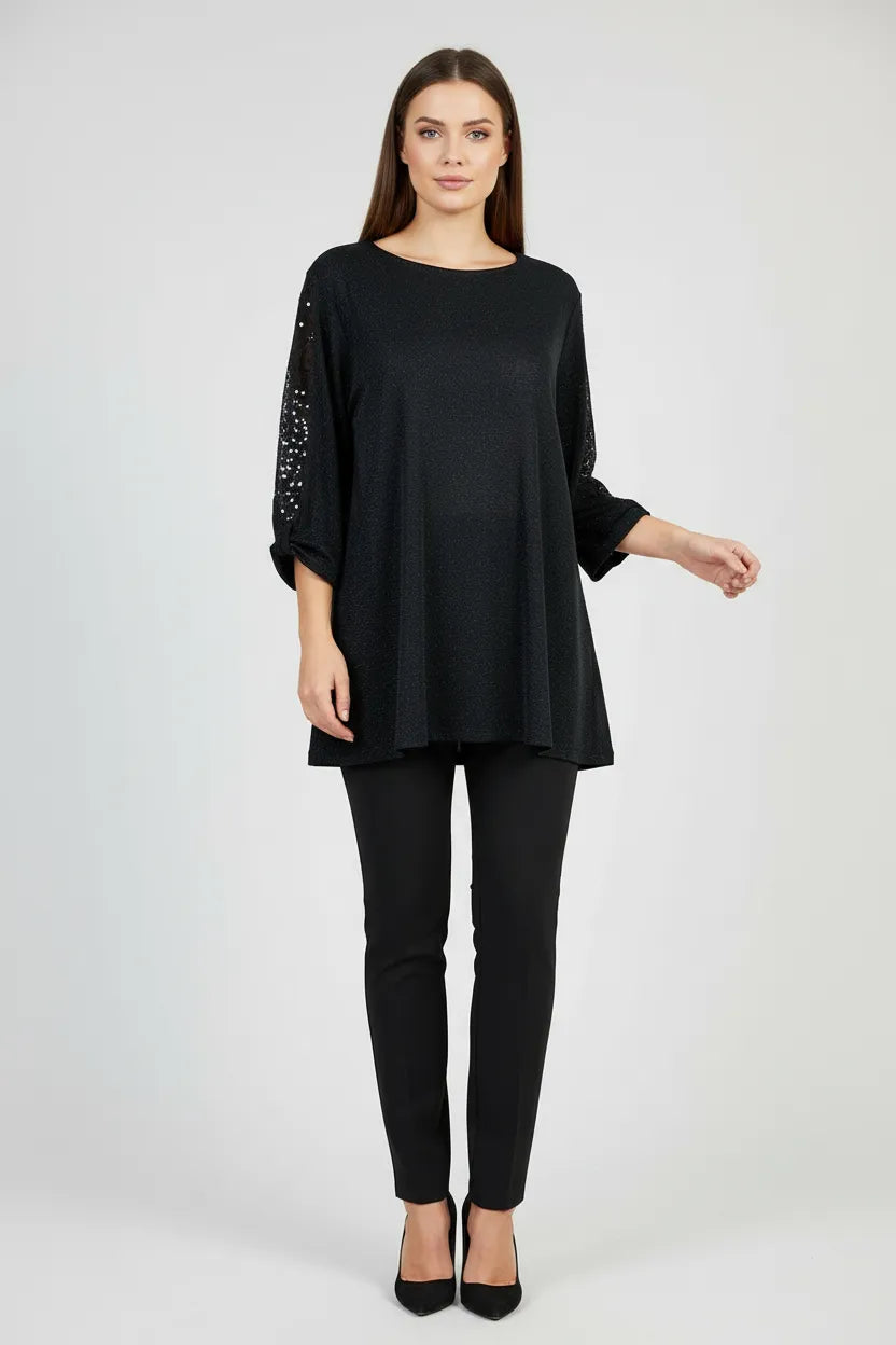 Дамска черна блуза с дантелени ръкави и фин блясък – Black Lace Glow-блузи-6Sense