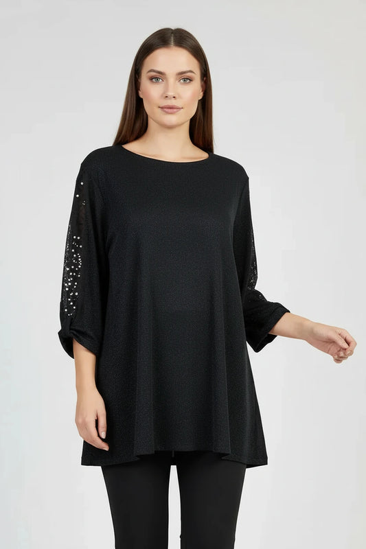 Дамска черна блуза с дантелени ръкави и фин блясък – Black Lace Glow-блузи-6Sense