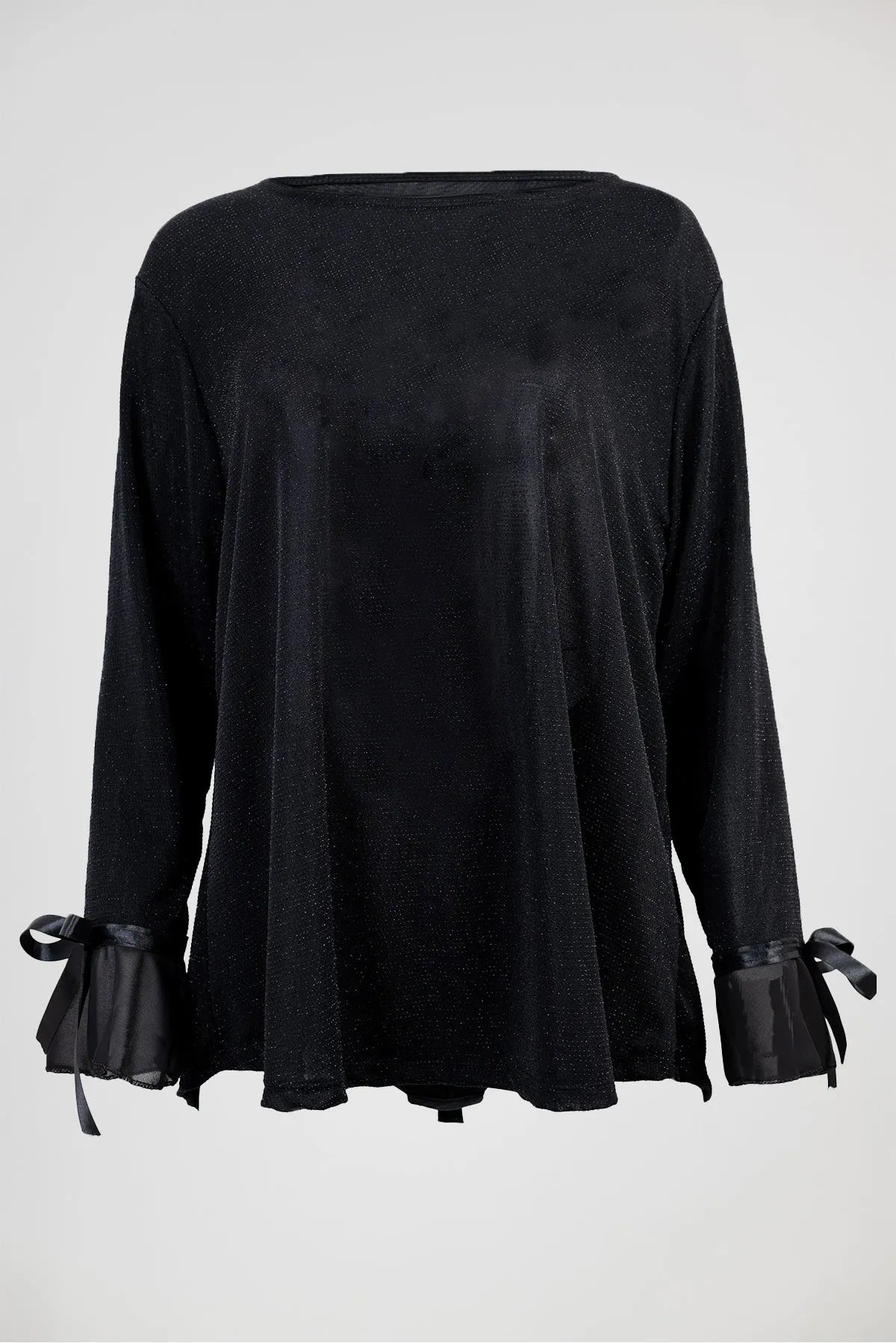 Дамска черна блуза с фин блясък и шифонени маншети – Noir Ribbon-блузи-6Sense