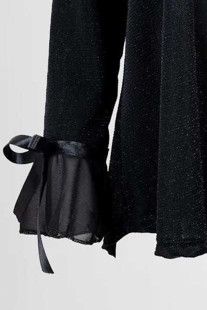 Дамска черна блуза с фин блясък и шифонени маншети – Noir Ribbon-блузи-6Sense