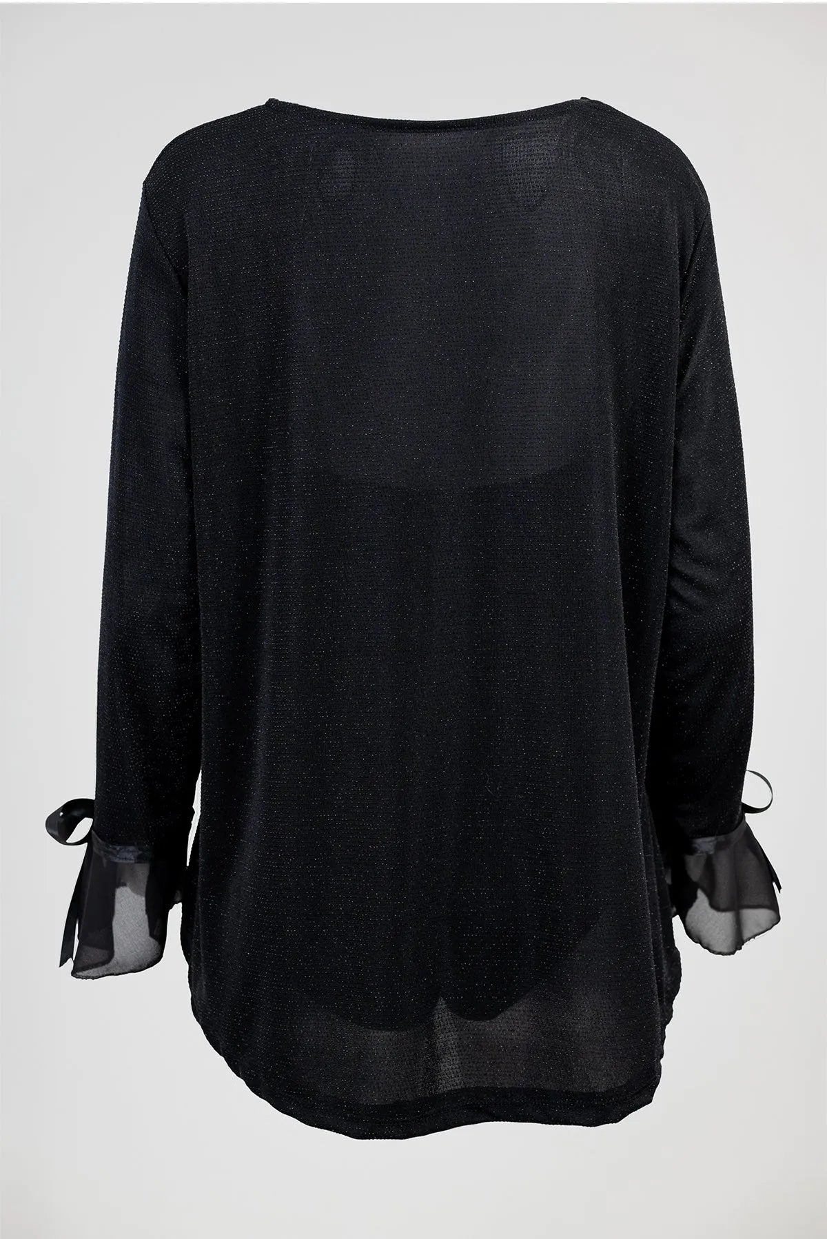 Дамска черна блуза с фин блясък и шифонени маншети – Noir Ribbon-блузи-6Sense