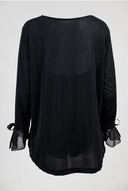 Дамска черна блуза с фин блясък и шифонени маншети – Noir Ribbon-блузи-6Sense