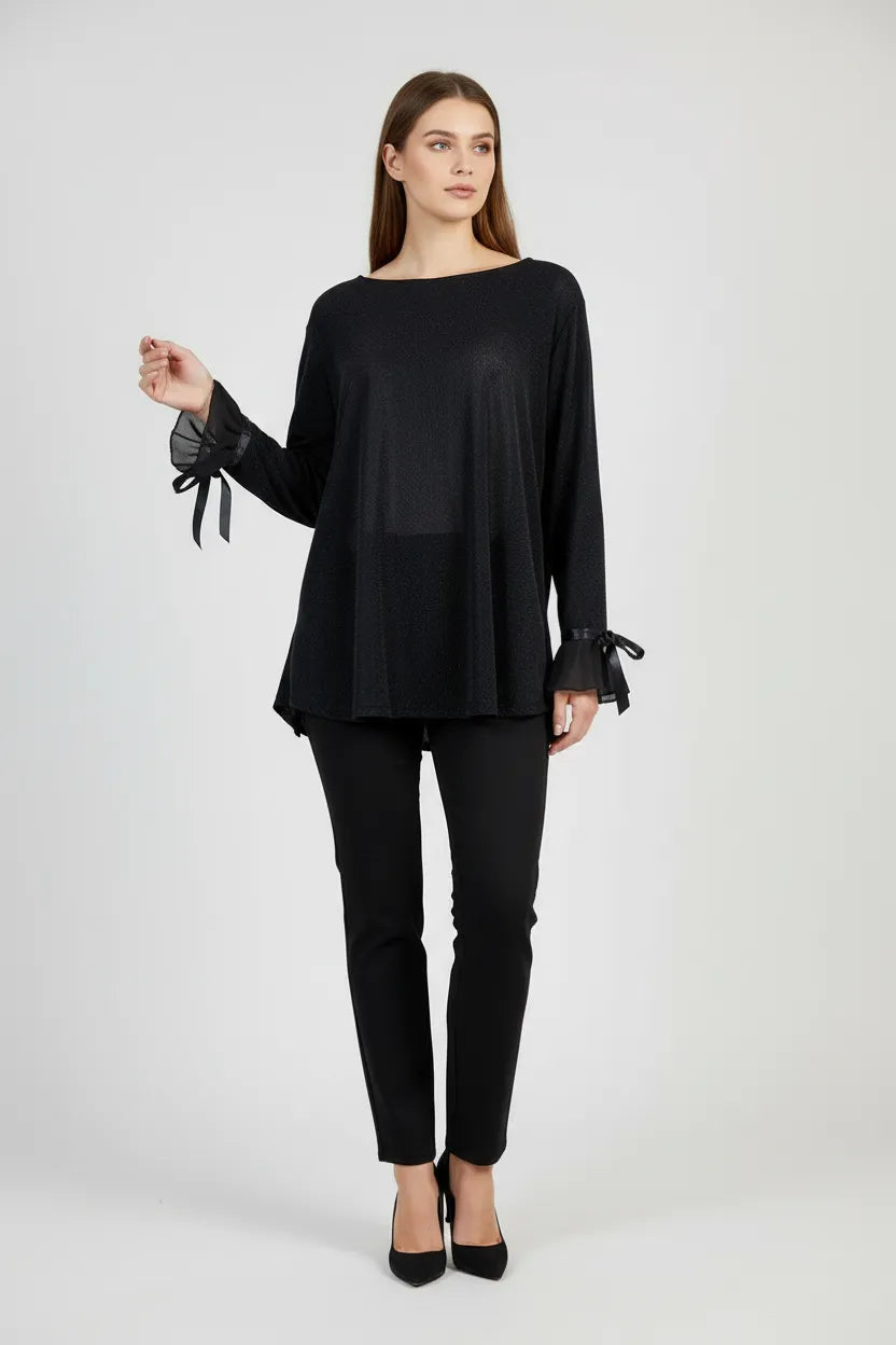 Дамска черна блуза с фин блясък и шифонени маншети – Noir Ribbon-блузи-6Sense