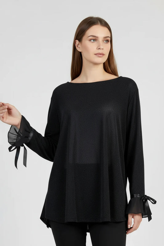 Дамска черна блуза с фин блясък и шифонени маншети – Noir Ribbon-блузи-6Sense