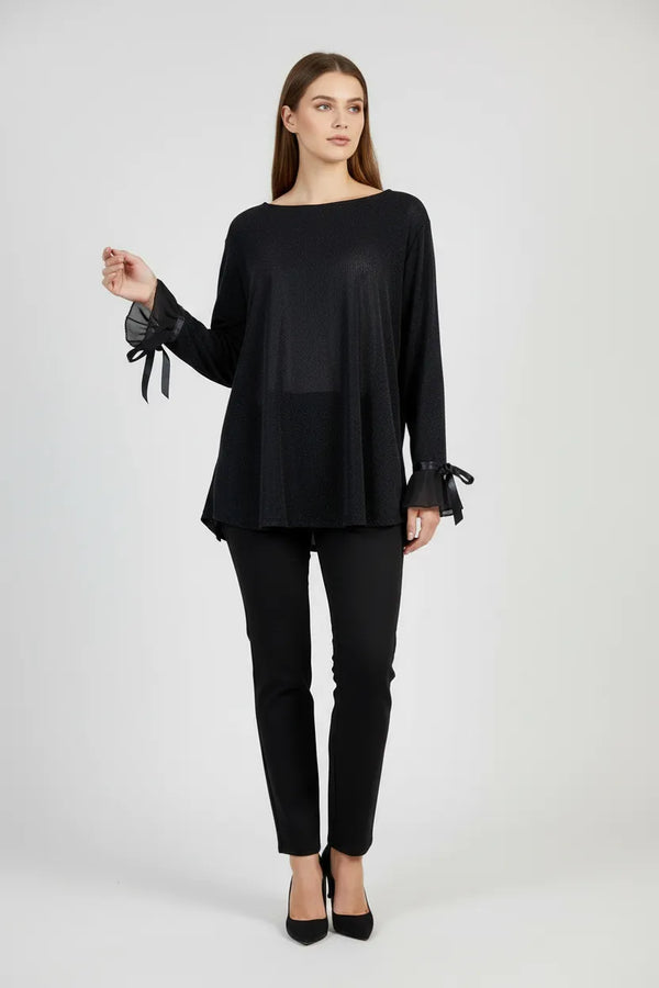 Дамска черна блуза с фин блясък и шифонени маншети – Noir Ribbon-блузи-6Sense