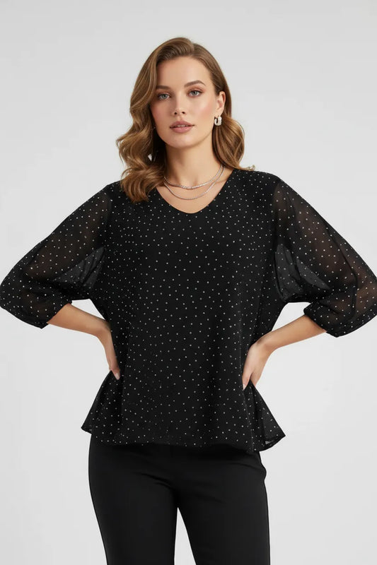 Дамска черна блуза с фини камъни - Midnight Sparkle-блузи-6Sense