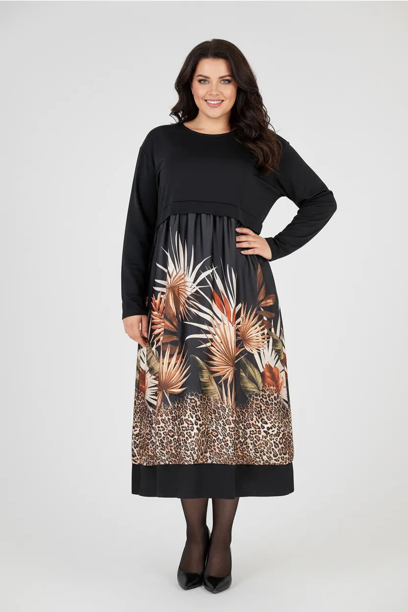 Дамска черна рокля с леопардови акценти Plus Size - Savana-рокли-6Sense