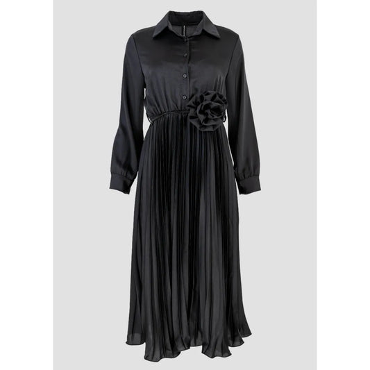 Дамска черна сатенена рокля с плисирана пола - Black Satin-рокли-6Sense