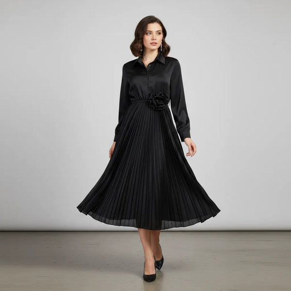 Дамска черна сатенена рокля с плисирана пола | колекция есен-зима 6Sense