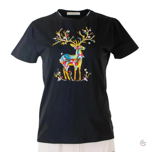 Дамска черна тениска с бродиран елен - Deer Story-Тениски-6Sense