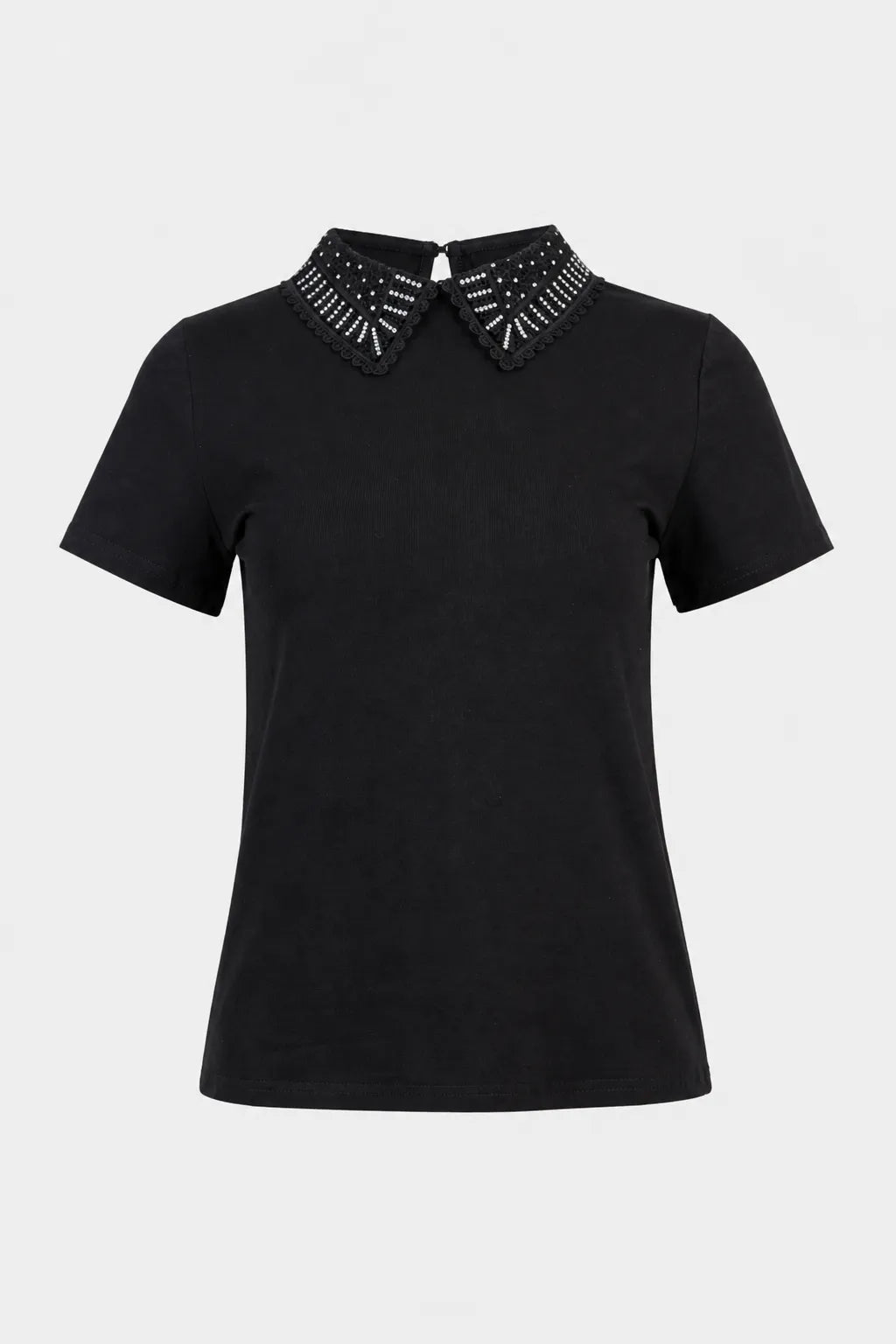 Дамска черна тениска с яка и камъни – Noir Collar-Тениски-6Sense