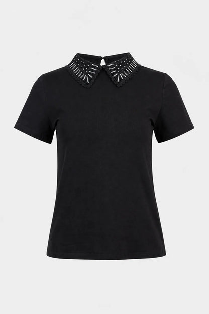 Дамска черна тениска с яка и камъни – Noir Collar-Тениски-6Sense