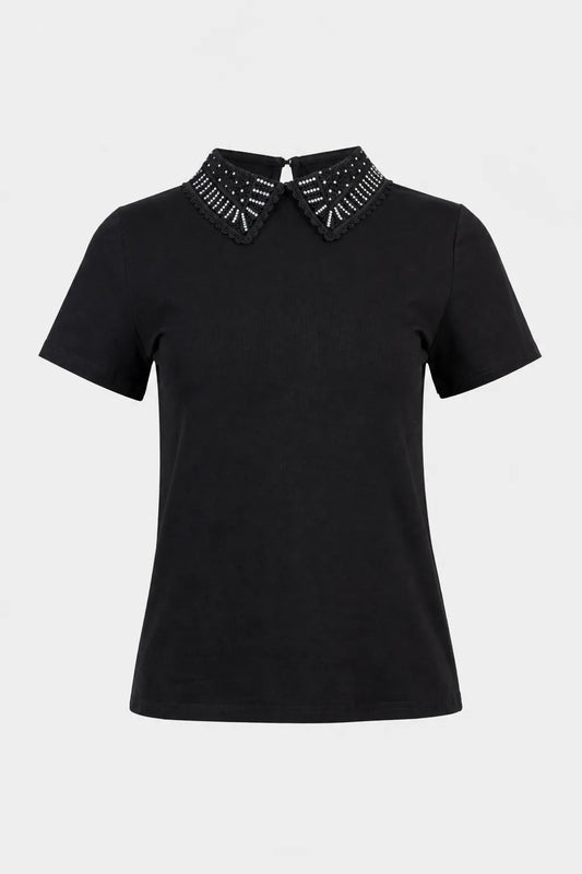 Дамска черна тениска с яка и камъни – Noir Collar-Тениски-6Sense