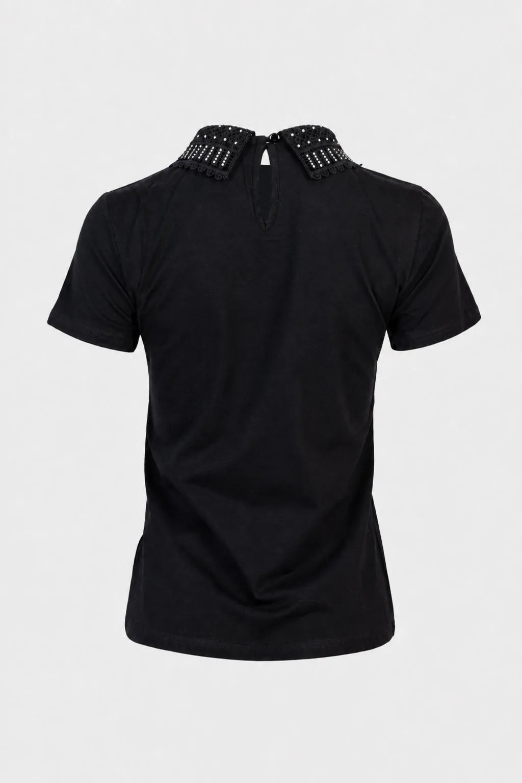Дамска черна тениска с яка и камъни – Noir Collar-Тениски-6Sense