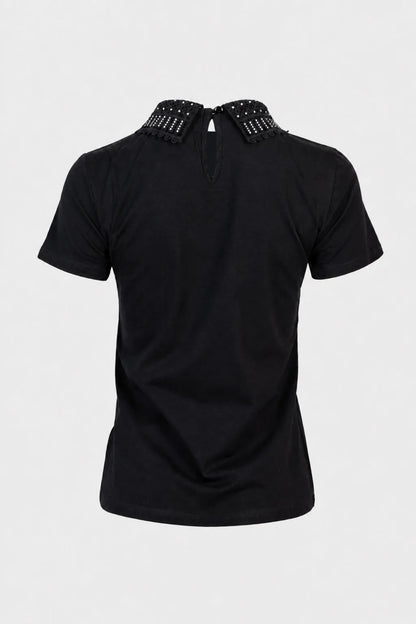 Дамска черна тениска с яка и камъни – Noir Collar-Тениски-6Sense