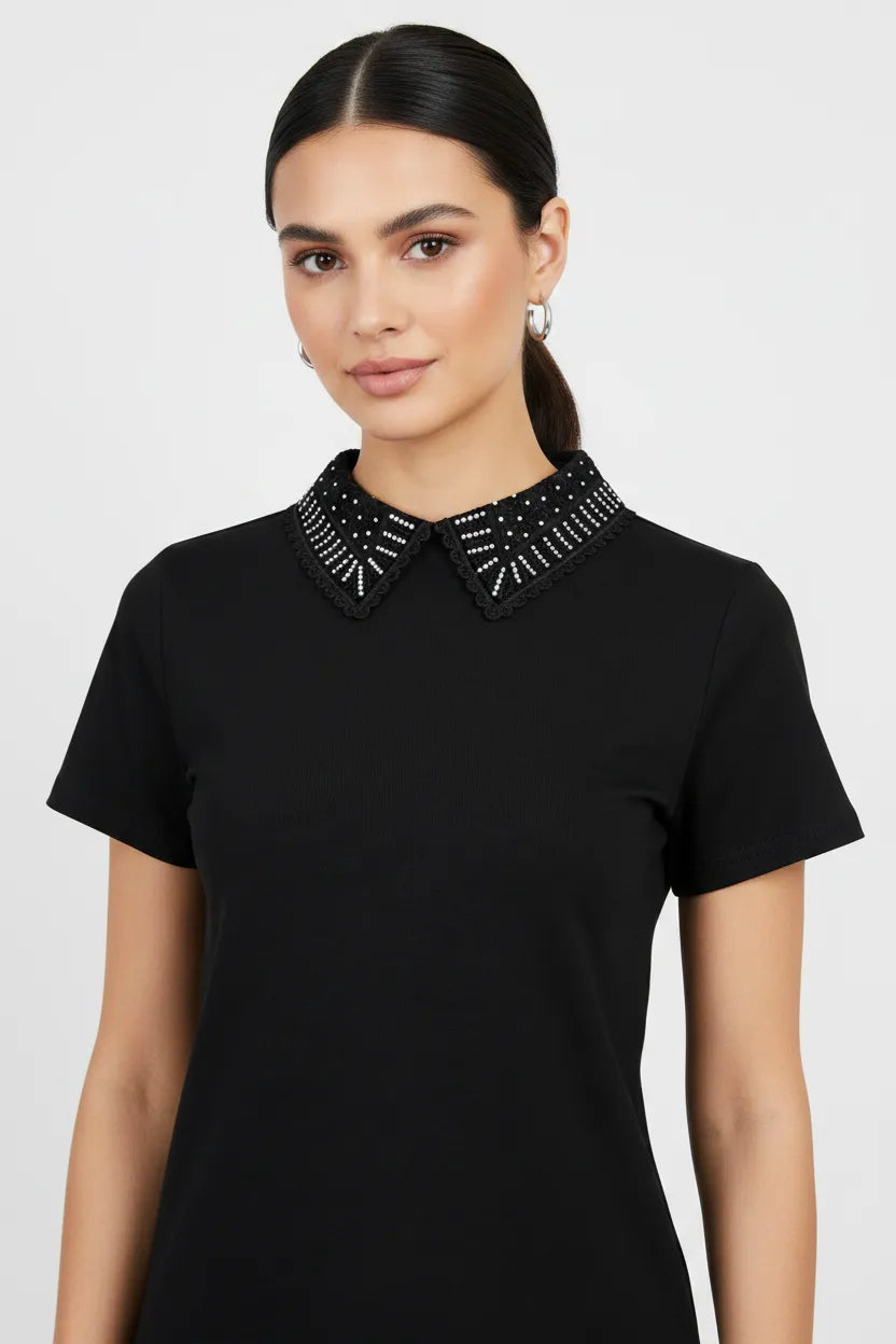 Дамска черна тениска с яка и камъни – Noir Collar-Тениски-6Sense