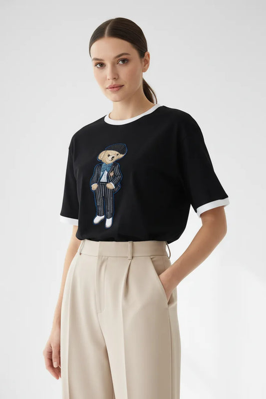 Дамска черна тениска с мече - Bear Muse
