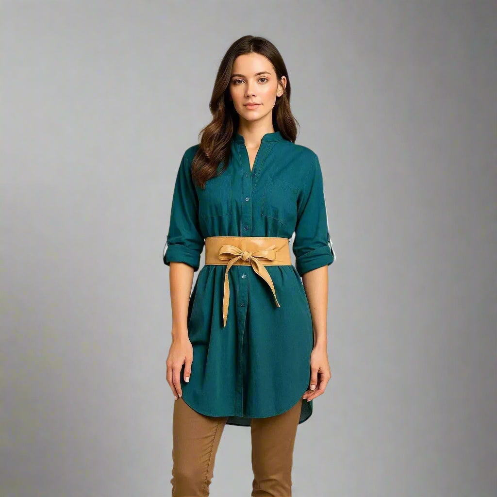 Дамска дълга риза 100% памук в тюркоазено синьо | колекция есен-зима 6Sense