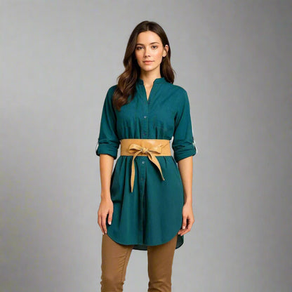 Дамска дълга риза 100% памук в тюркоазено синьо | колекция есен-зима 6Sense