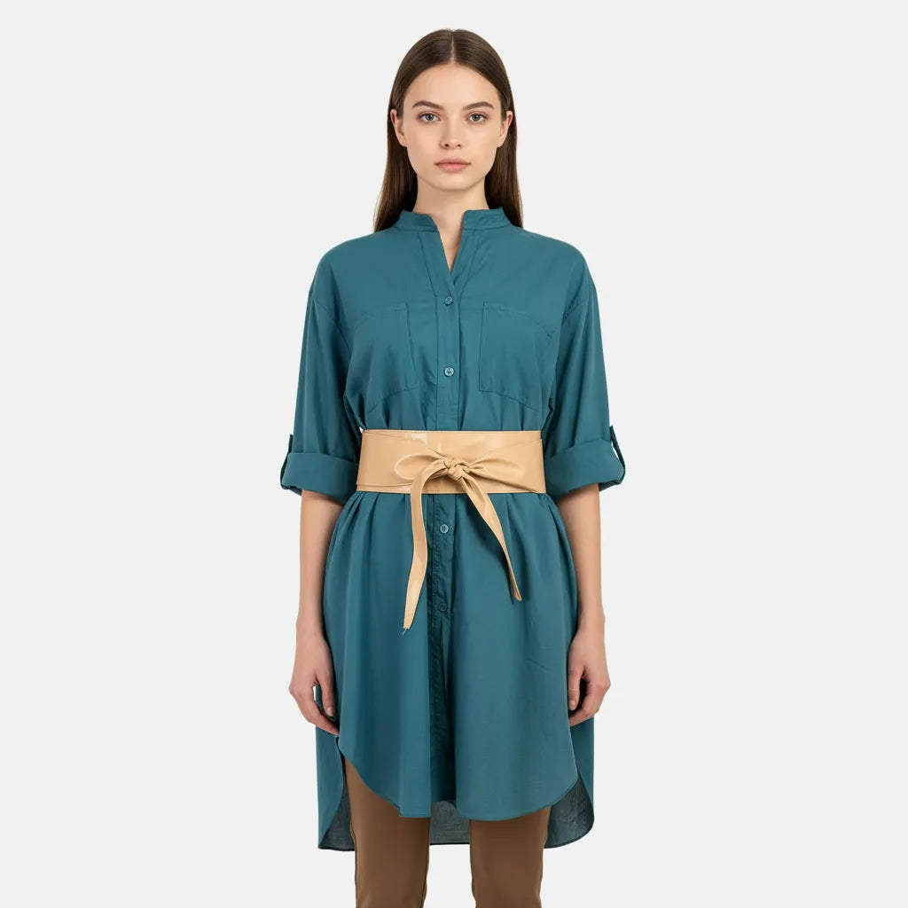 Дамска дълга риза 100% памук в тюркоазено синьо | колекция есен-зима-ризи-6Sense